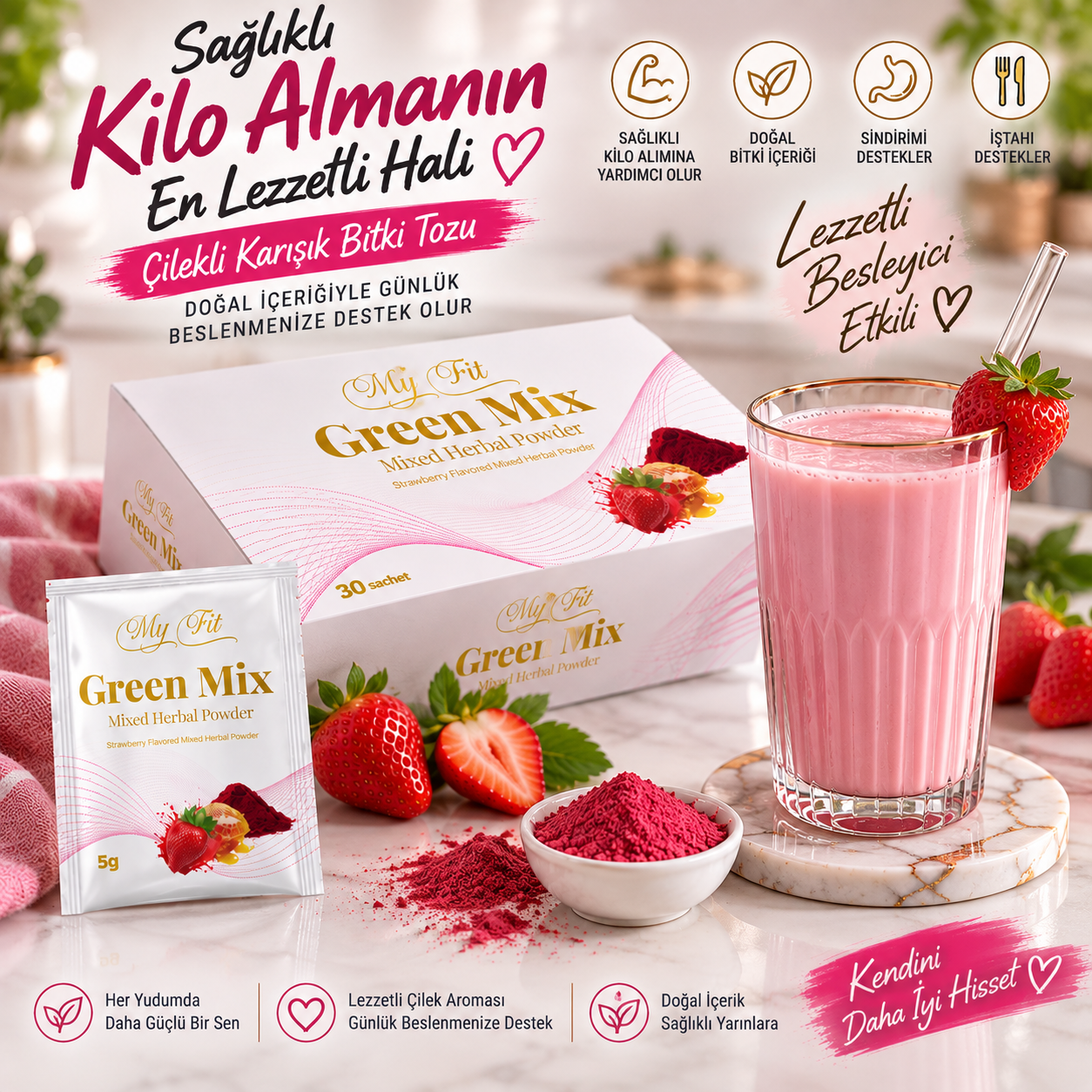 Myfit Green Mix Çilekli Kilo Aldırıcı Herbal Powder